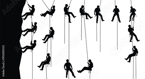 Silhouettes of multiple rock climbers descending a steep cliff face using professional rope gear
