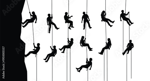 Silhouettes of various people engaging in adventurous rock climbing and rappelling down a cliff