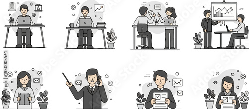 Diverse individuals engaged in office work, meetings, and presentations with technology