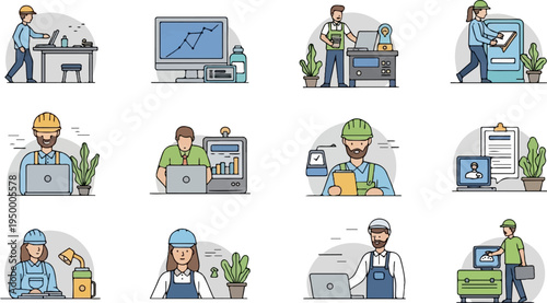 Diverse individuals engaged in various professional activities, from office work to manual labor