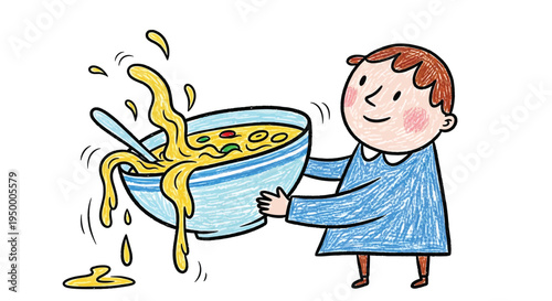 Cute child spilling food bowl messy eating cartoon vector illustration