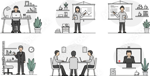 Diverse office scenes individual work, presentations, and virtual meetings