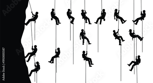 Silhouettes of multiple rock climbers descending a steep cliff face using ropes and climbing gear