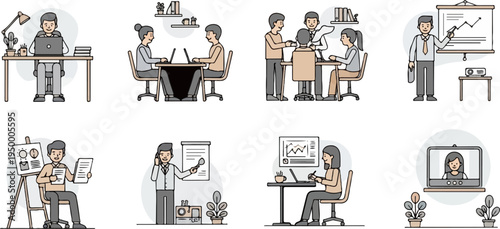 Diverse office scenes showcasing collaborative work and individual tasks