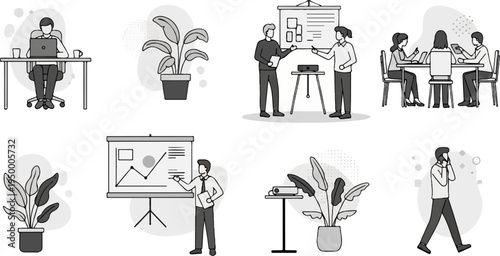 Stylized office scenes with people, plants, and technology