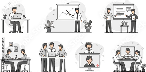 Office workers collaborating, presenting, and working remotely on computers