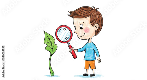 Cute child observing plant with magnifying glass cartoon vector illustration