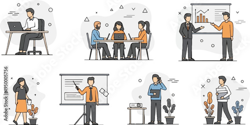 Stylized flat illustrations of people in various business meeting and presentation scenarios