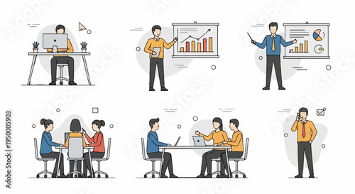 Colleagues collaborate on projects, attend meetings, and present data