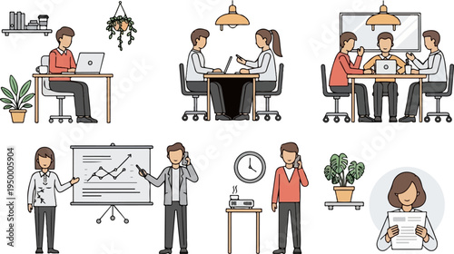 Colleagues collaborate, present, and communicate in a modern office setting