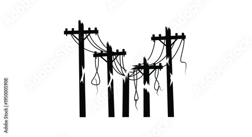 A series of broken and damaged wooden utility poles with dangling power lines after a severe storm