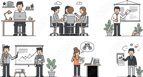 Diverse office scenes depicting teamwork, presentations, and individual tasks (3)