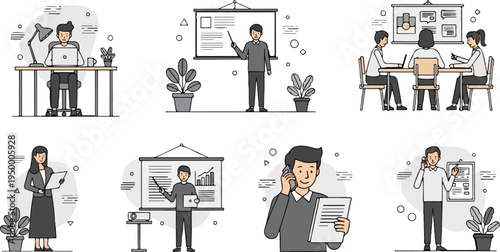 Diverse individuals engaged in work-related activities in an office setting