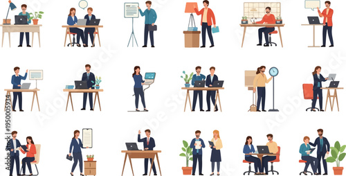 Diverse individuals engaged in modern office work, utilizing technology and collaborating