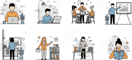 Collection of diverse office and remote work scenes, depicting productivity