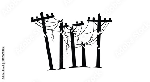 A series of damaged and broken wooden utility poles with dangling power lines after a storm event