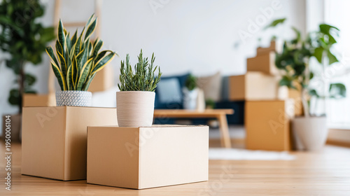 Boxes filled with moving items and vibrant potted plants waiting to be unpacked and used to beautify a fresh living space in a new home or apartment
