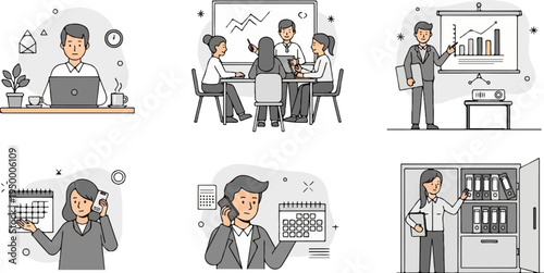 Business people collaborating, presenting, and organizing work tasks
