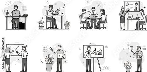 Business meeting, presentation and work illustrations