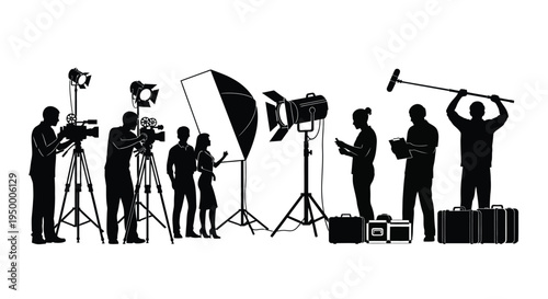 A professional film production crew working on set with cameras lighting equipment and boom mics