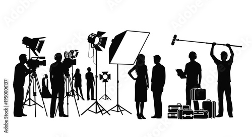 A professional film crew working on a set with camera lighting equipment and sound boom operator