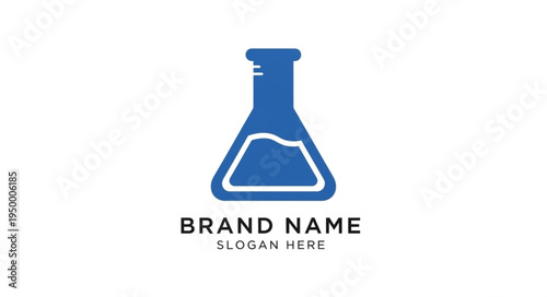 Blue laboratory flask with liquid and brand name text.