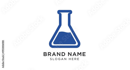 Blue laboratory flask with liquid and brand name text.