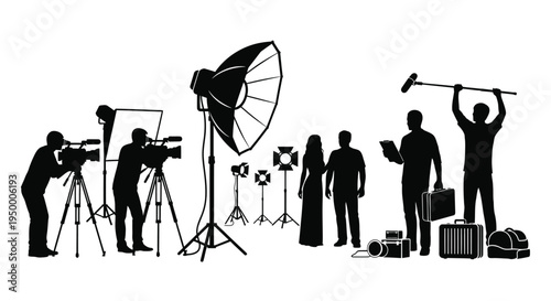 Black silhouettes of a professional film production crew working on a busy studio movie film set