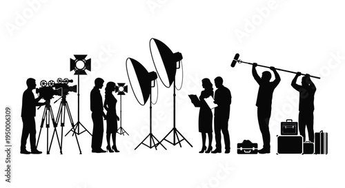 A silhouette collection of professional film crew members working on a busy movie production set