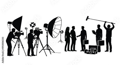 A silhouette collection of professional film crew members working with cameras and lighting gear