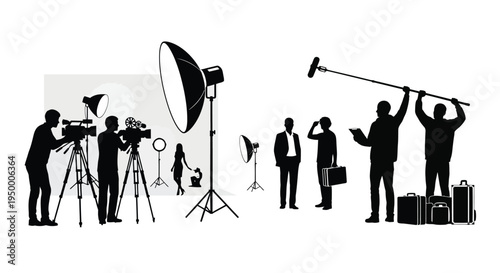 A professional film production crew working on a set with cameras lighting and audio boom equipment