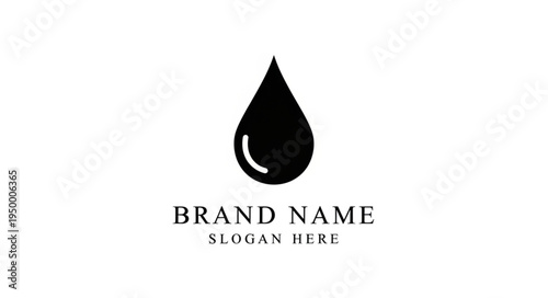 Black water drop logo with brand name and slogan.