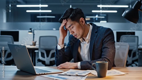 Tired businessman holds head while working on laptop at office desk. Stressed man shows headache with document. Businessman tired at laptop work. Office stress with coffee and document review.