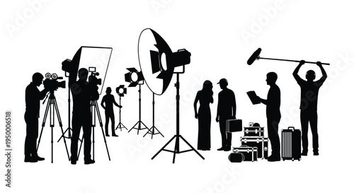 A professional film production crew working on a movie set with cameras lights and sound equipment