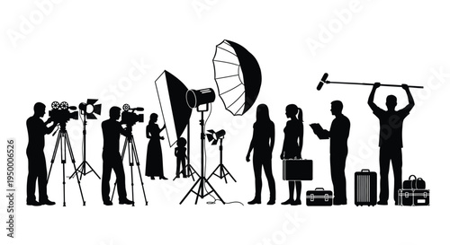 A silhouette collection of professional film production crew members working on a busy film set