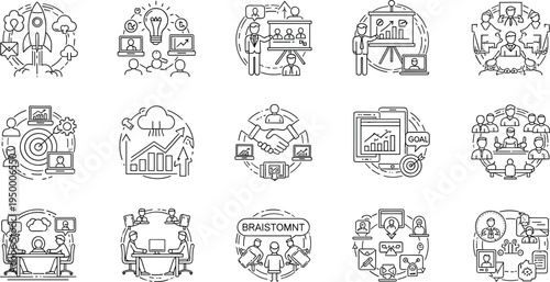 Business strategy and teamwork line icon set with analytics, leadership, collaboration, startup planning and corporate management vector illustration