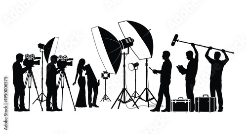 A professional film production crew working on a set with cameras lighting equipment and sound boom