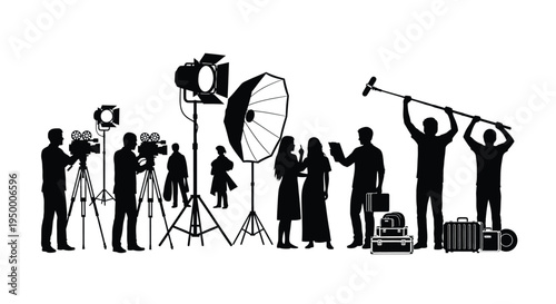 Black silhouette group of professional film crew members working on a busy video production set