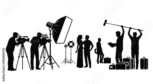 A silhouette collection of professional film production crew members working on a movie set scene