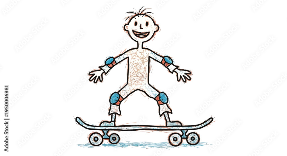 Fototapeta premium Cartoon Smiling Boy Riding Skateboard Fun Sport Activity Illustration