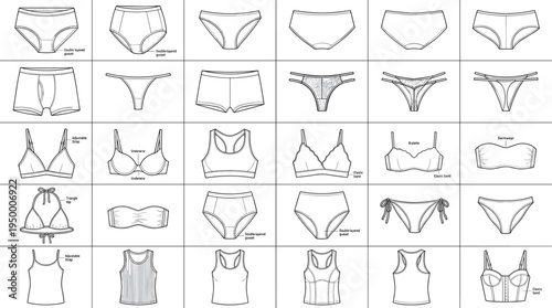 Women underwear and lingerie collection vector set, bra panties bikini briefs lingerie tops fashion outline template
