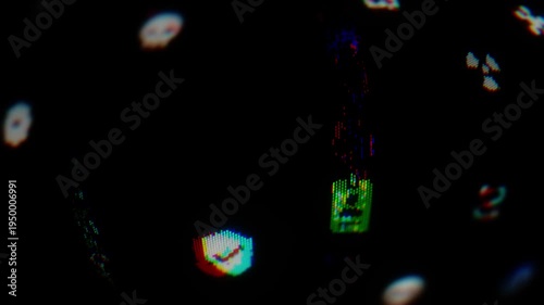 Hacking interface with RGB color distortion. Pixel animation of a cyberpunk-style background crash. Digital error screen with colorful noise effects.