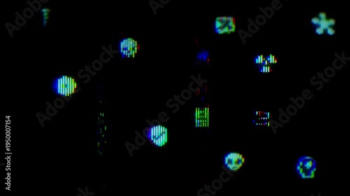 Icons of datamosh failures with a shift. User interface elements with abstract digital distortion.