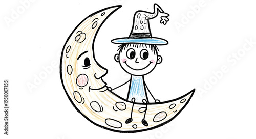 Cartoon Wizard Boy Sitting on Crescent Moon Magic Night Illustration