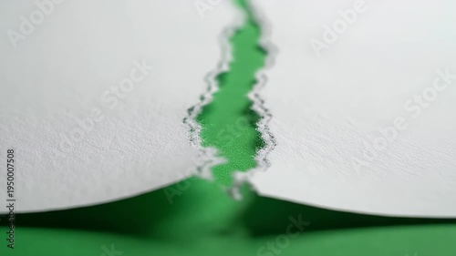 A ripped white paper on a bright green surface
