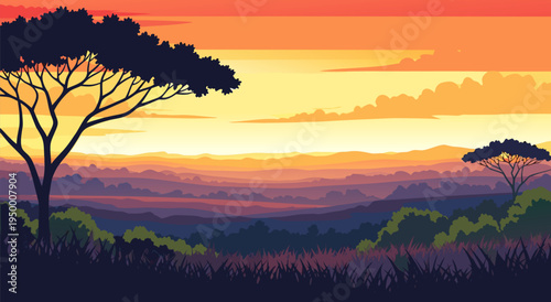 Beautiful African savanna sunset illustration, vector art, serene landscape with acacia trees and vibrant sky