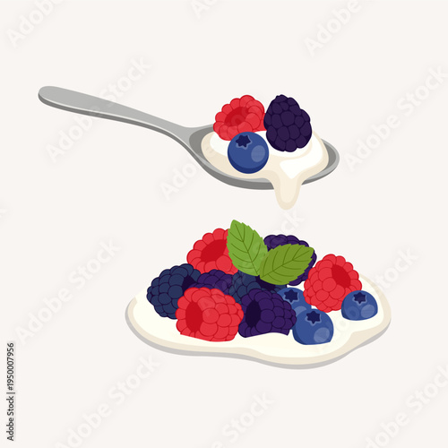 Spoonful of Greek Yogurt with Mixed Berries and Mint Leaf
