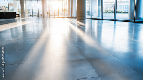 Modern building interior with tiled floor, bright sunlight streaming through glass windows, creating reflections and strong shadows