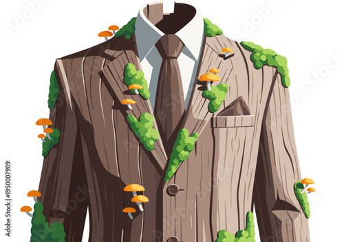 Business Suit Covered in Green Moss and Orange Mushrooms vector illustration depicting nature's reclamation