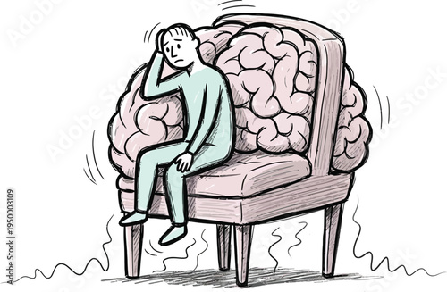 Cartoon Man Sitting in Brain Shaped Chair Thinking Mental Health Concept